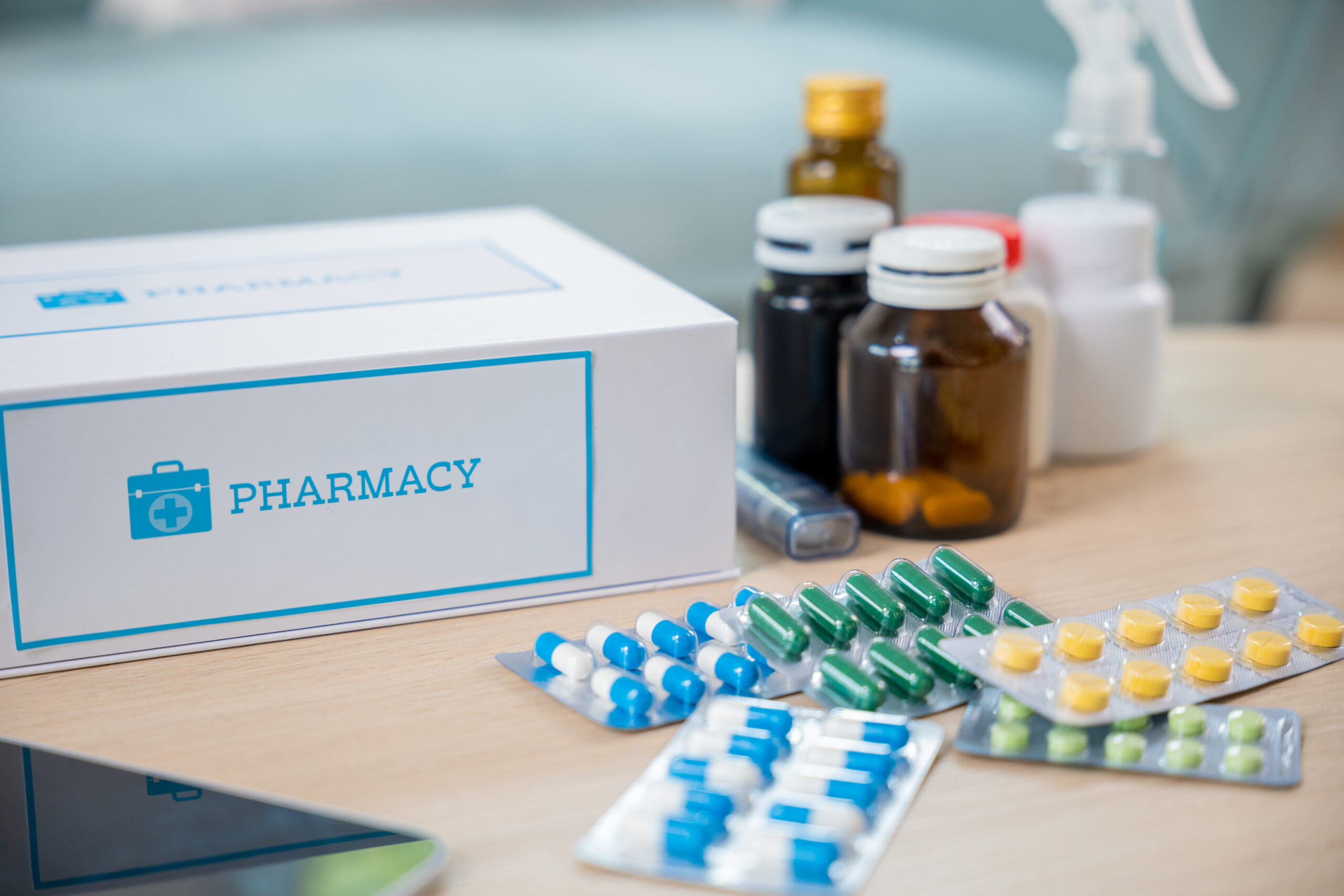 Home medicine with medicine package box free first aid kit with pills from pharmacy hospital delivery service